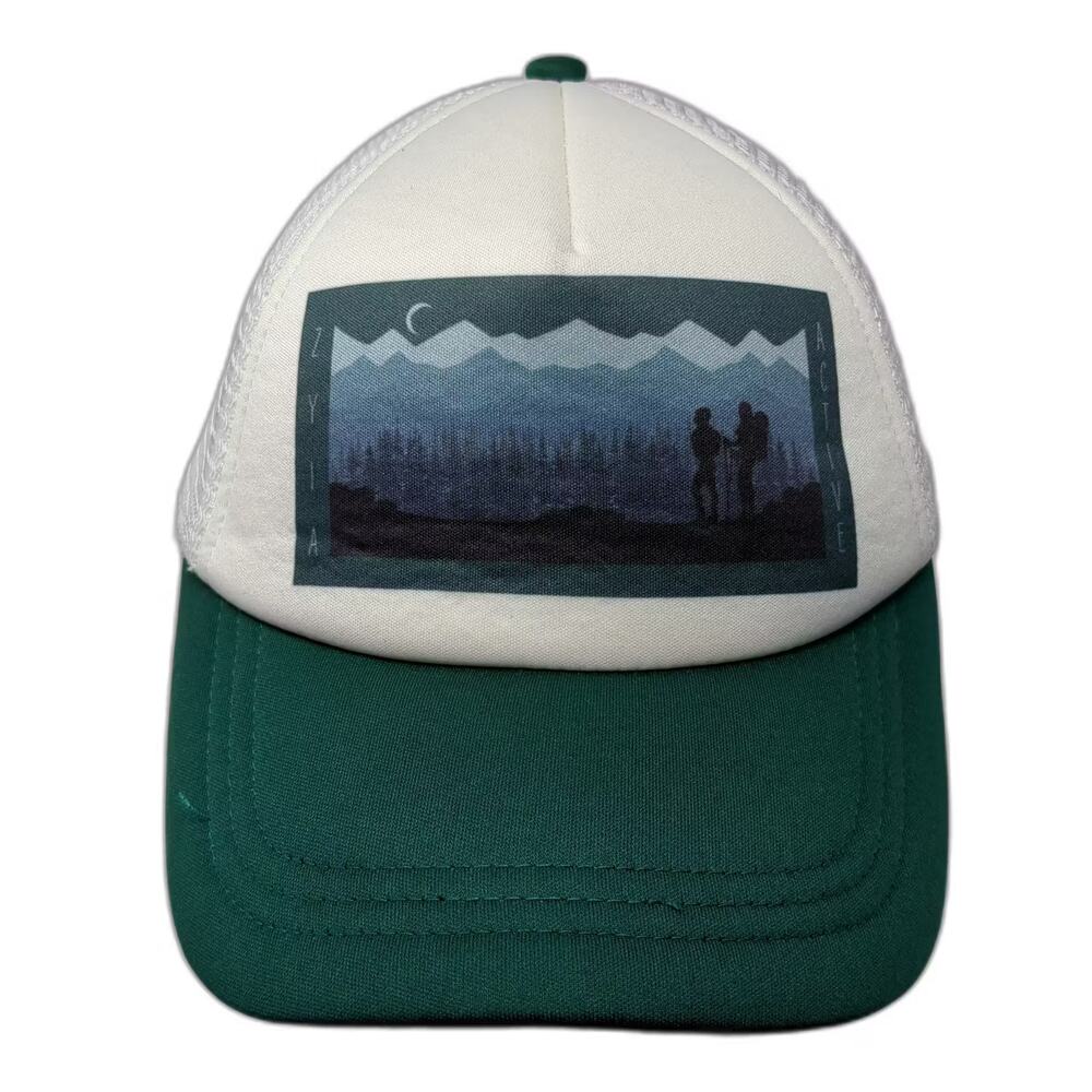 Zyia Active Trucker Hat Green White Mountain Graphic Mesh Adjustable OSFM Hat